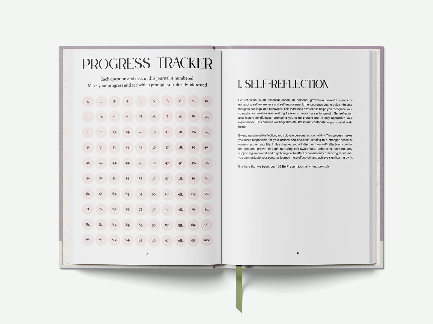 Open book showing a progress tracker and self-reflection section on a white background